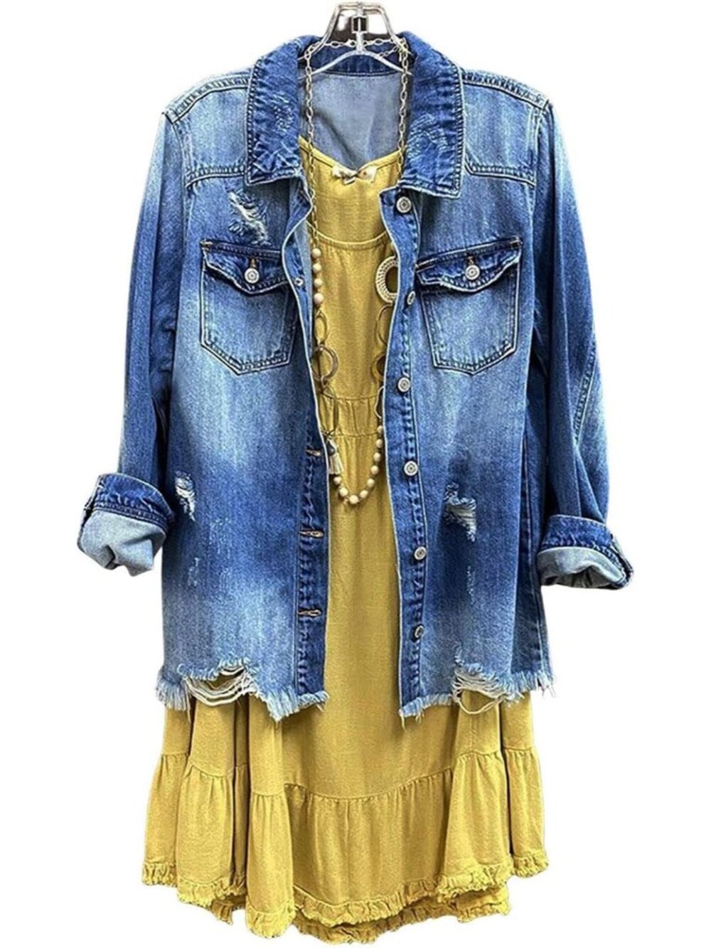 Women's Blue Denim Ripped Distressed Button Down Mid Long Casual Jean Jacket